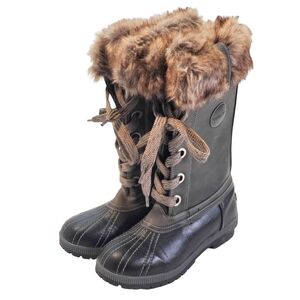 London Fog Black & Gray Melton 2 Winter Boots Faux Fur Lace Up Cold Weather Sz 9